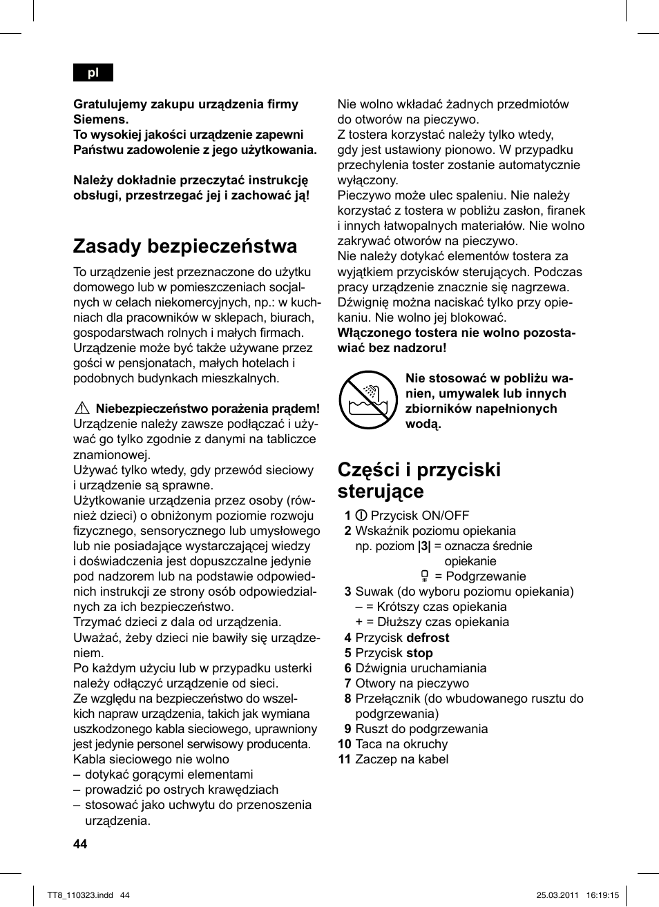Zasady bezpieczeństwa, Części i przyciski sterujące | Siemens TT86103 User Manual | Page 46 / 68