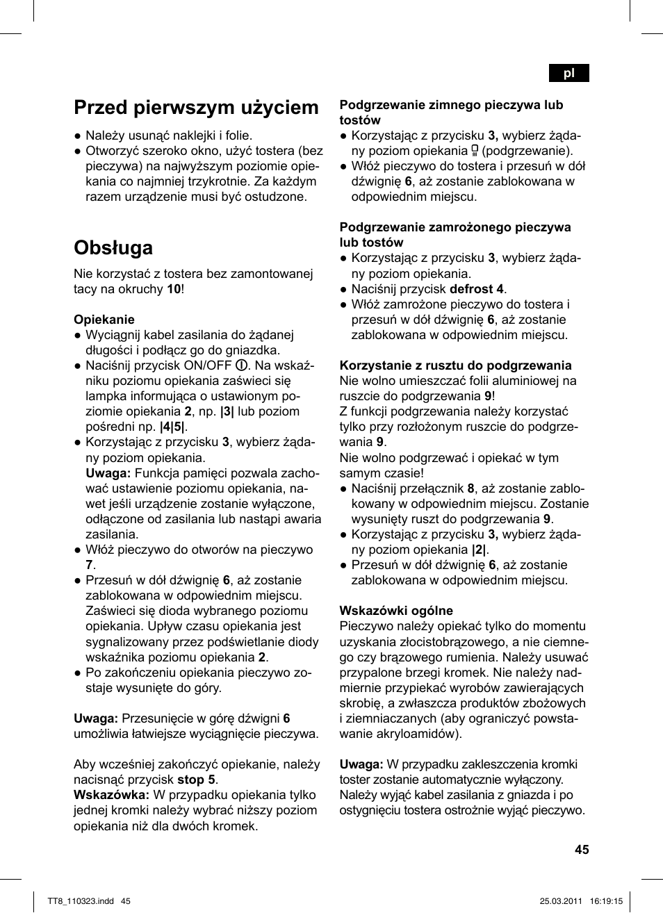 Przed pierwszym użyciem, Obsługa | Siemens TT86103 User Manual | Page 47 / 68
