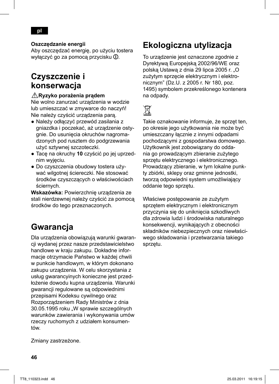 Ekologiczna utylizacja, Czyszczenie i konserwacja, Gwarancja | Siemens TT86103 User Manual | Page 48 / 68