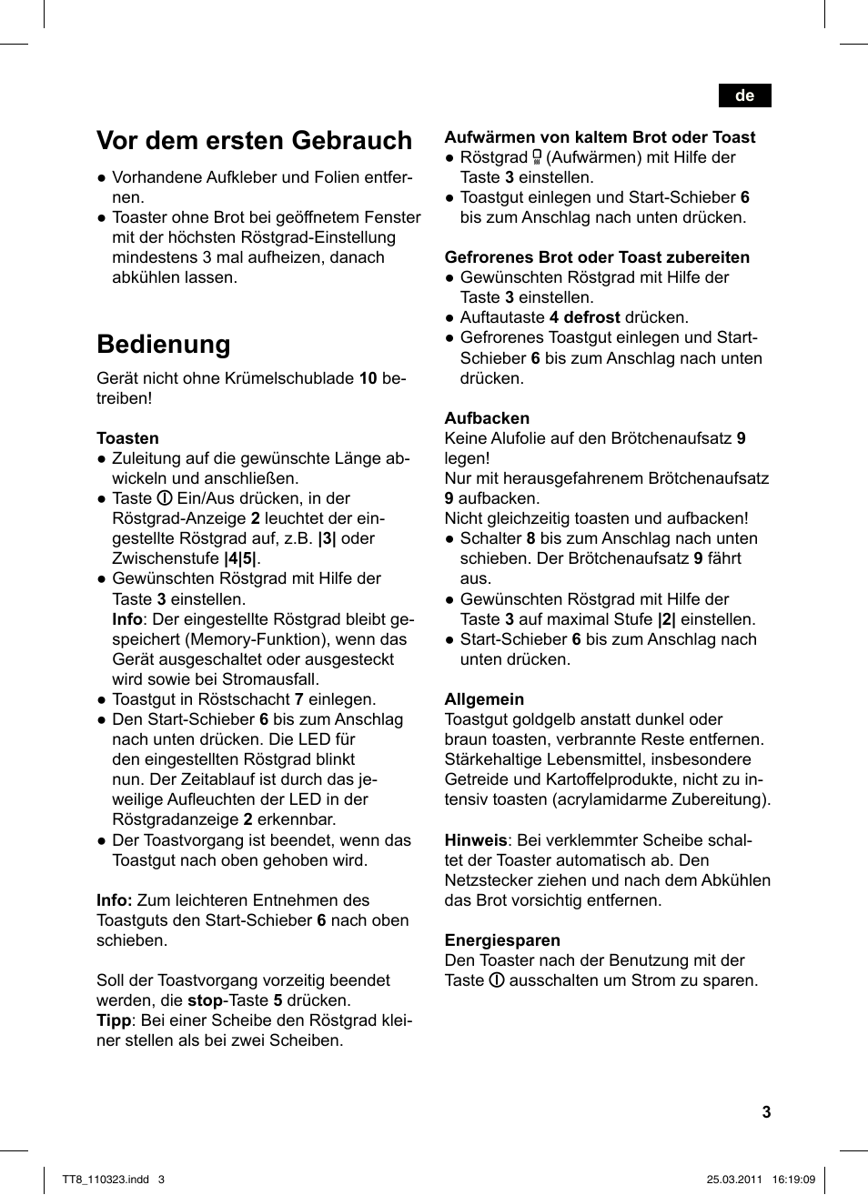 Vor dem ersten gebrauch, Bedienung | Siemens TT86103 User Manual | Page 5 / 68