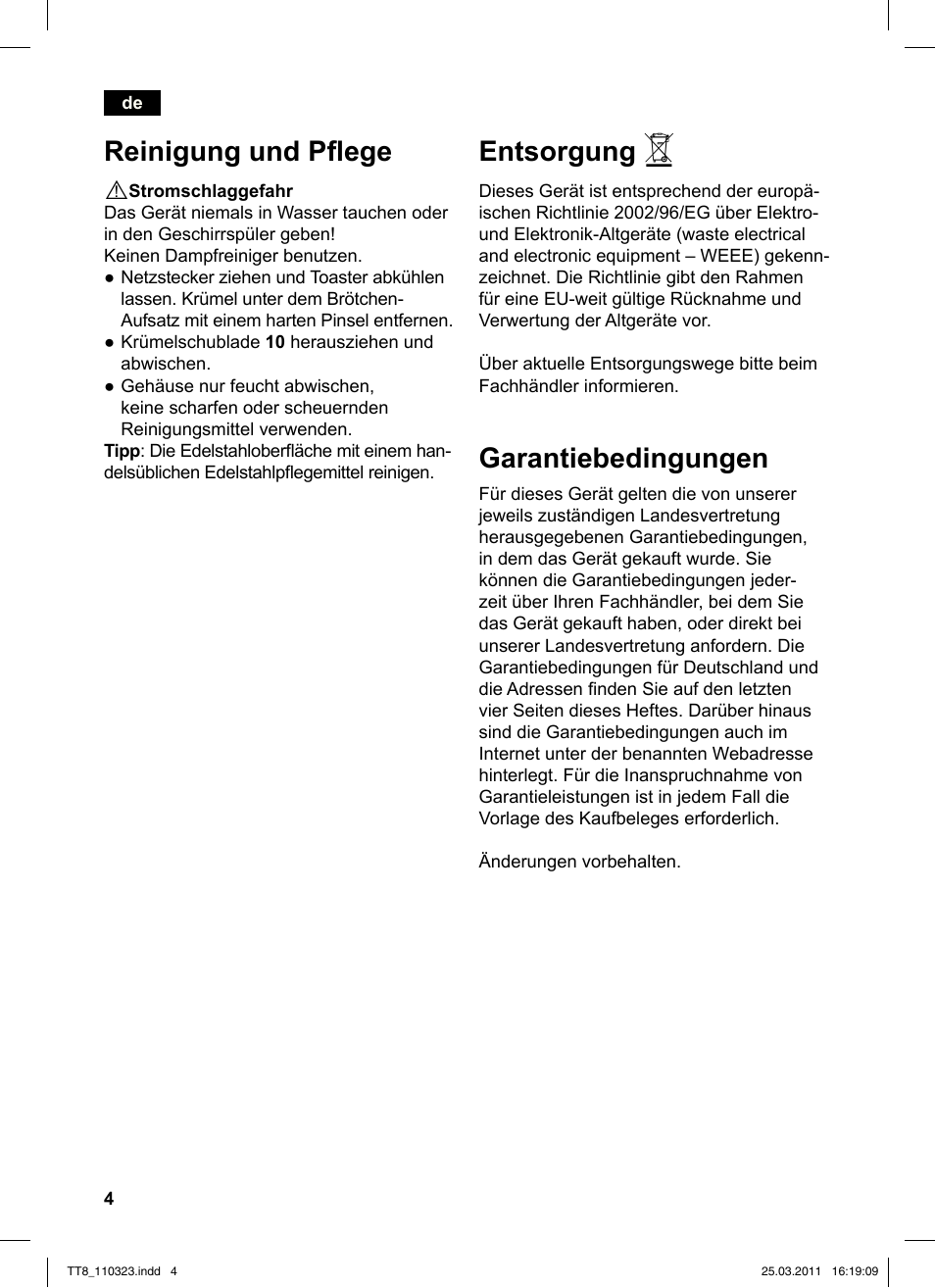 Entsorgung, Garantiebedingungen, Reinigung und plege | Siemens TT86103 User Manual | Page 6 / 68