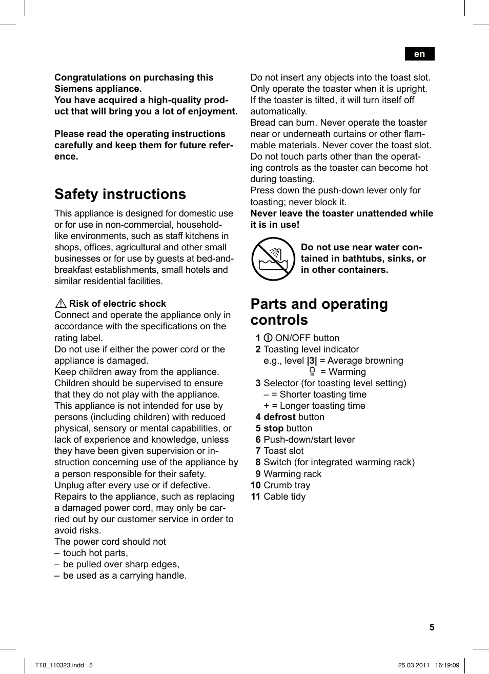 Safety instructions, Parts and operating controls | Siemens TT86103 User Manual | Page 7 / 68