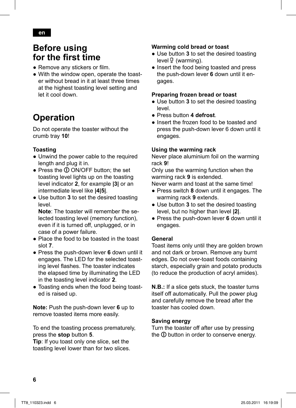 Before using for the irst time, Operation | Siemens TT86103 User Manual | Page 8 / 68