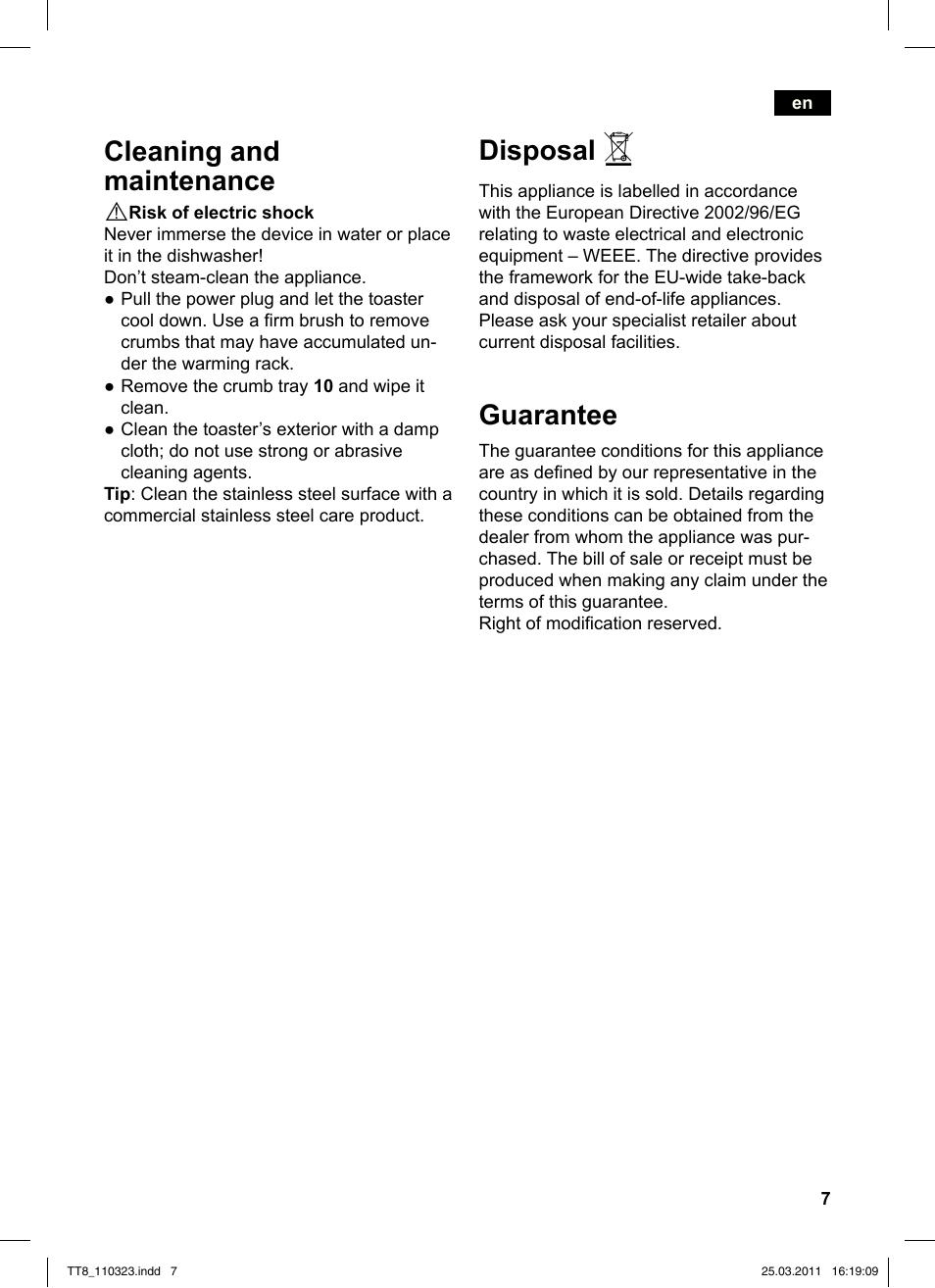 Disposal, Guarantee, Cleaning and maintenance | Siemens TT86103 User Manual | Page 9 / 68