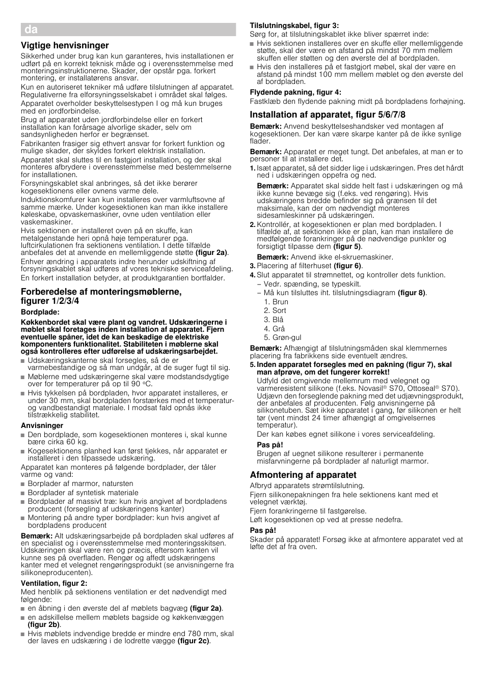 Vigtige henvisninger, Bordplade, Anvisninger | Bemærk, Ventilation, figur 2, Tilslutningskabel, figur 3, Flydende pakning, figur 4, Installation af apparatet, figur 5/6/7/8, Placering af filterhuset (figur 6), Pas på | Siemens EH801KU11E User Manual | Page 10 / 18