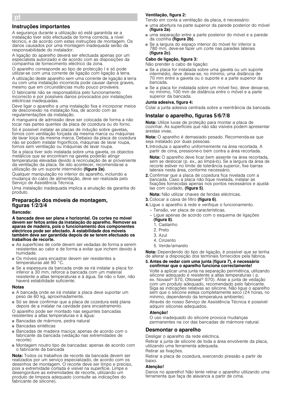 М instruções de montagem, Instruções importantes, Preparação dos móveis de montagem, figuras 1/2/3/4 | Bancada, Notas, Nota, Ventilação, figura 2, Cabo de ligação, figura 3, Junta adesiva, figura 4, Instalar o aparelho, figuras 5/6/7/8 | Siemens EH801KU11E User Manual | Page 11 / 18