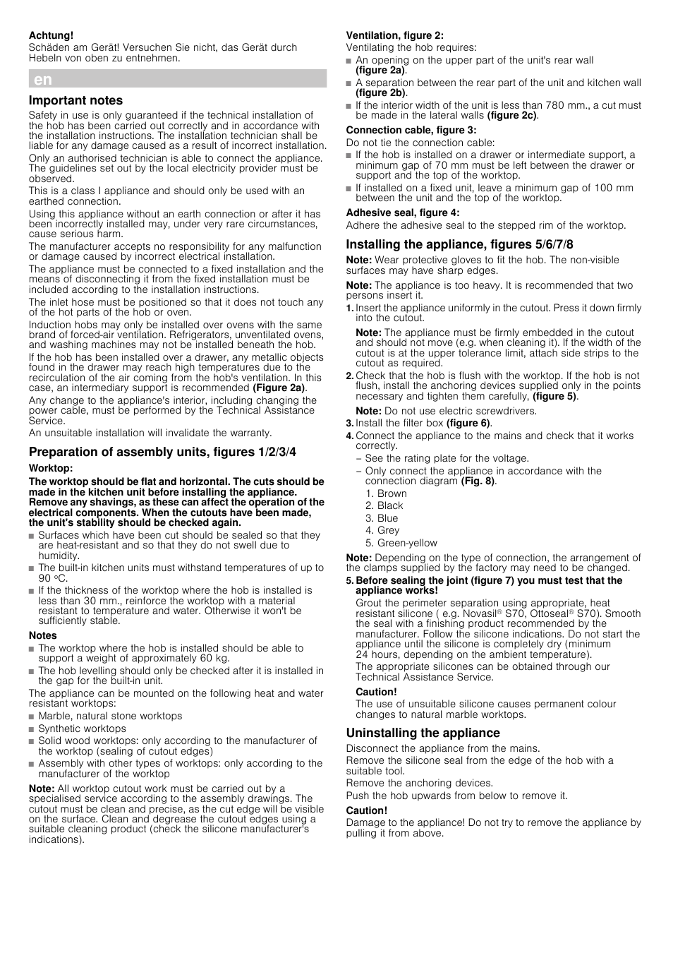 Achtung, Important notes, Preparation of assembly units, figures 1/2/3/4 | Worktop, Notes, Note, Ventilation, figure 2, Connection cable, figure 3, Adhesive seal, figure 4, Installing the appliance, figures 5/6/7/8 | Siemens EH801KU11E User Manual | Page 5 / 18