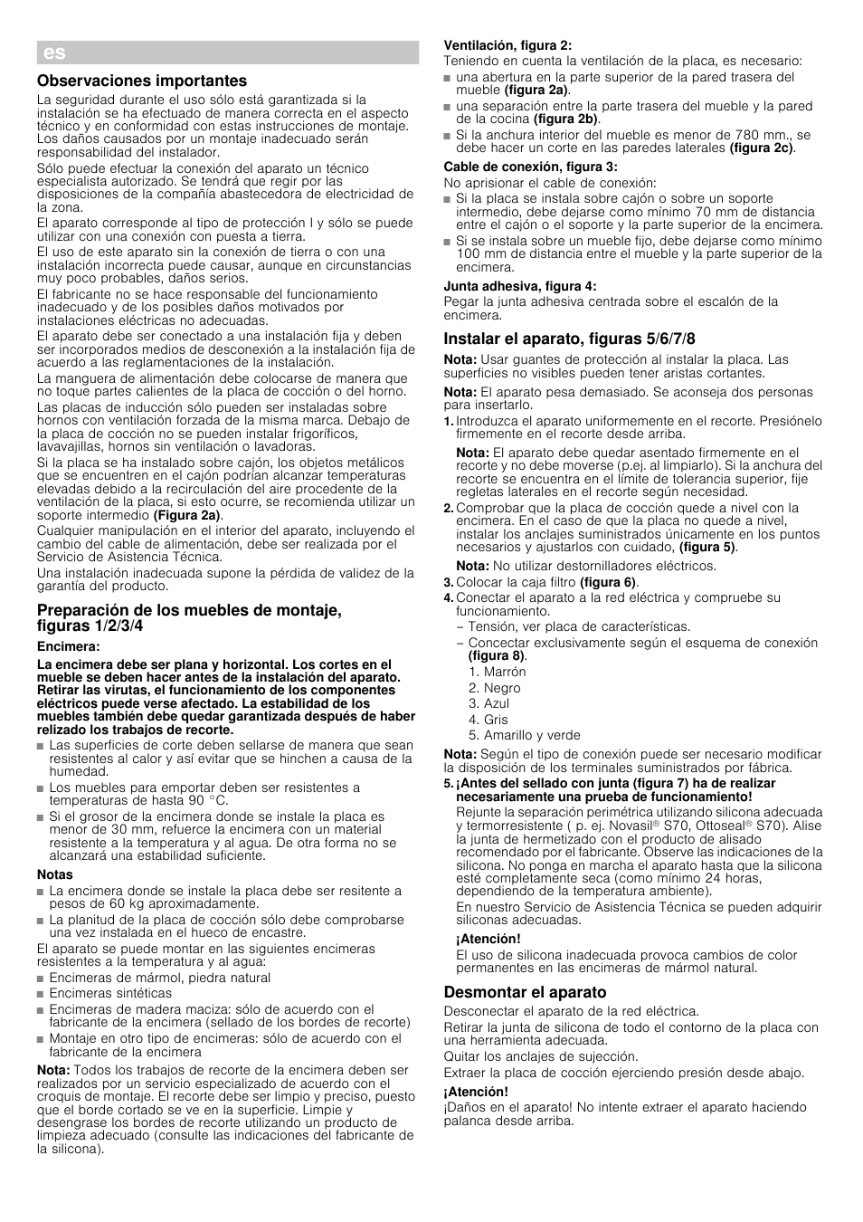 Û instrucciones de montaje, Observaciones importantes, Encimera | Notas, Nota, Ventilación, figura 2, Cable de conexión, figura 3, Junta adhesiva, figura 4, Instalar el aparato, figuras 5/6/7/8, Colocar la caja filtro (figura 6) | Siemens EH801KU11E User Manual | Page 6 / 18