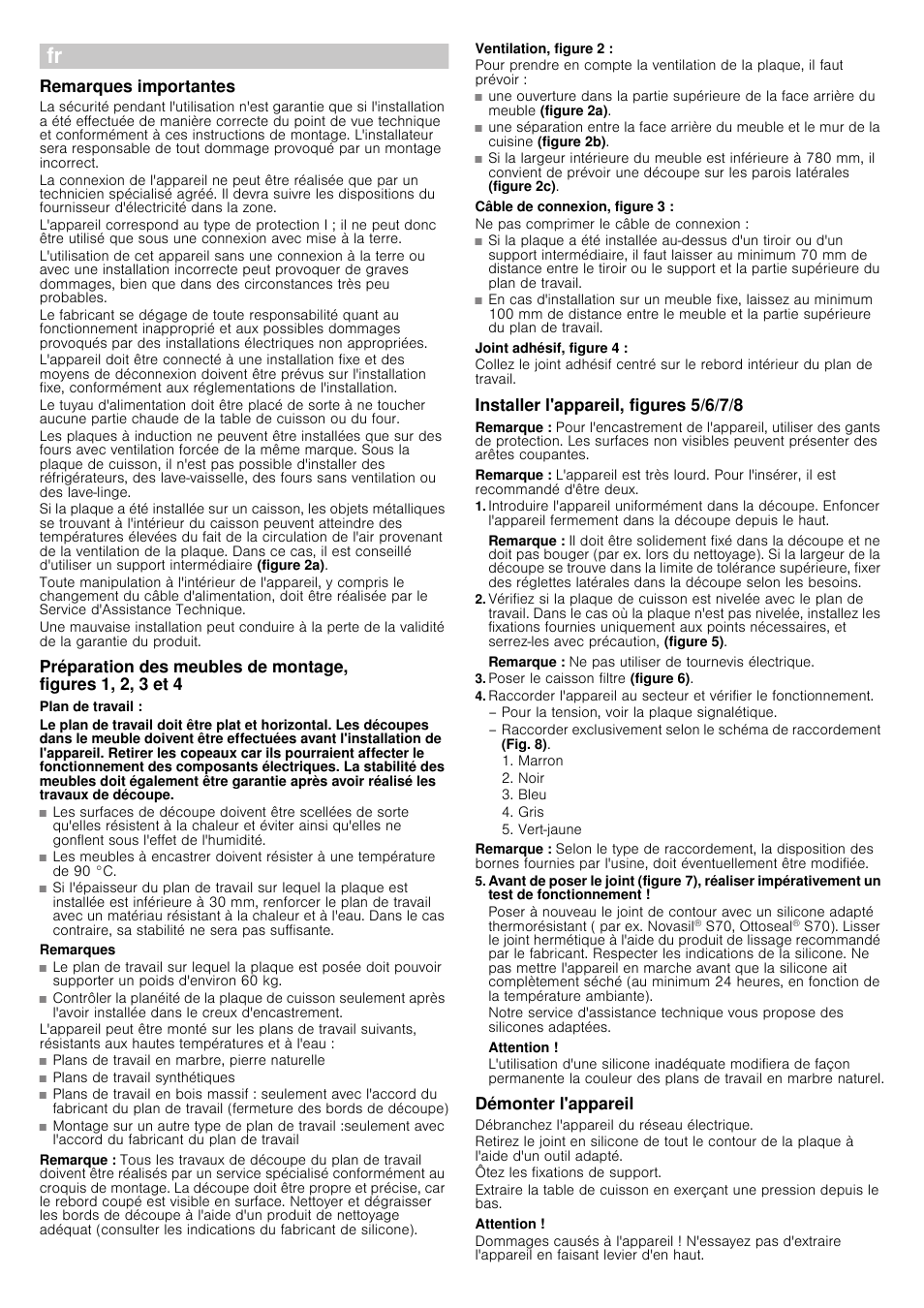 Þ notice de montage, Remarques importantes, Plan de travail | Remarques, Remarque, Ventilation, figure 2, Câble de connexion, figure 3, Joint adhésif, figure 4, Installer l'appareil, figures 5/6/7/8, Poser le caisson filtre (figure 6) | Siemens EH801KU11E User Manual | Page 7 / 18