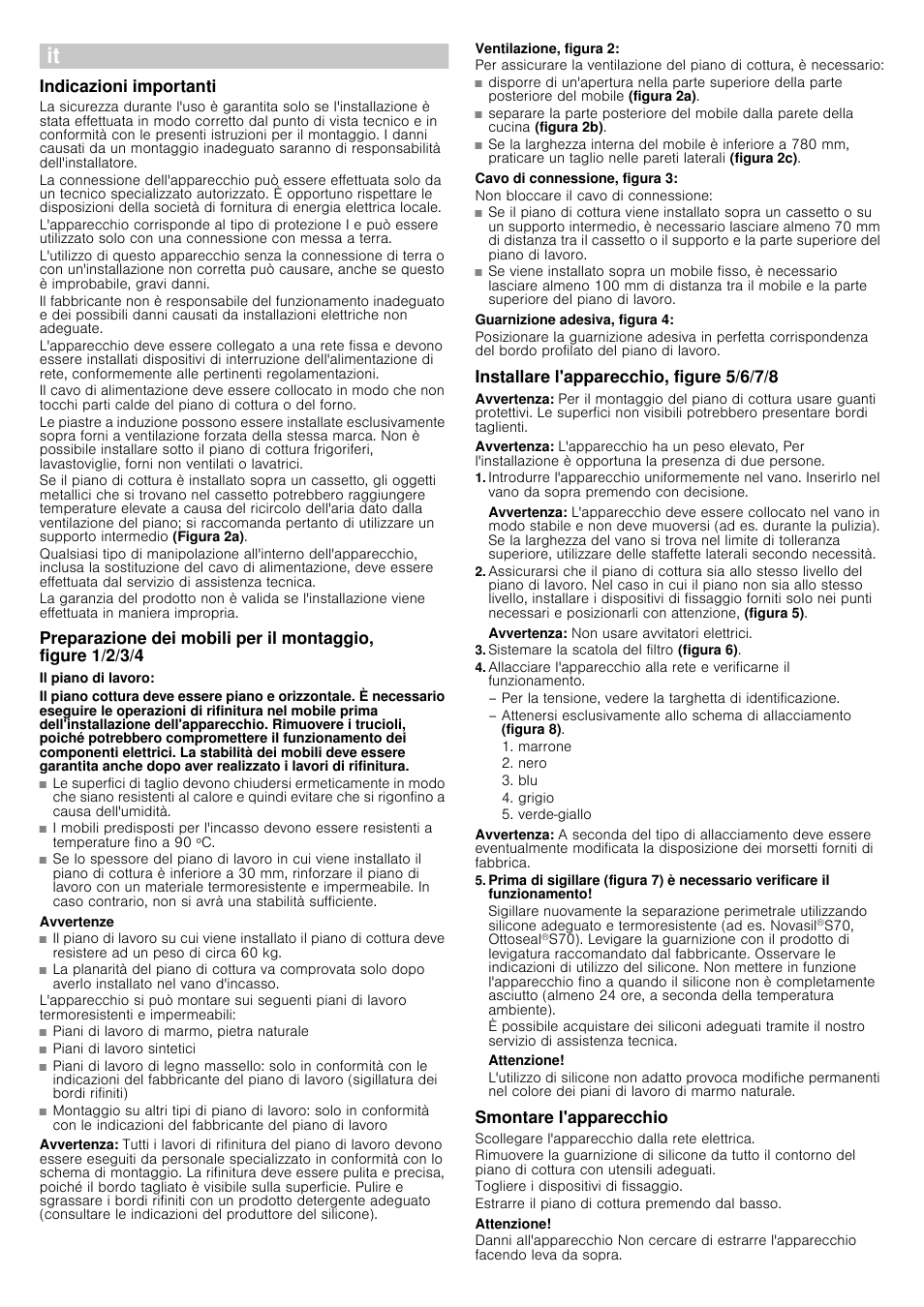 Indicazioni importanti, Il piano di lavoro, Avvertenze | Avvertenza, Ventilazione, figura 2, Cavo di connessione, figura 3, Guarnizione adesiva, figura 4, Installare l'apparecchio, figure 5/6/7/8, Sistemare la scatola del filtro (figura 6), Attenzione | Siemens EH801KU11E User Manual | Page 8 / 18