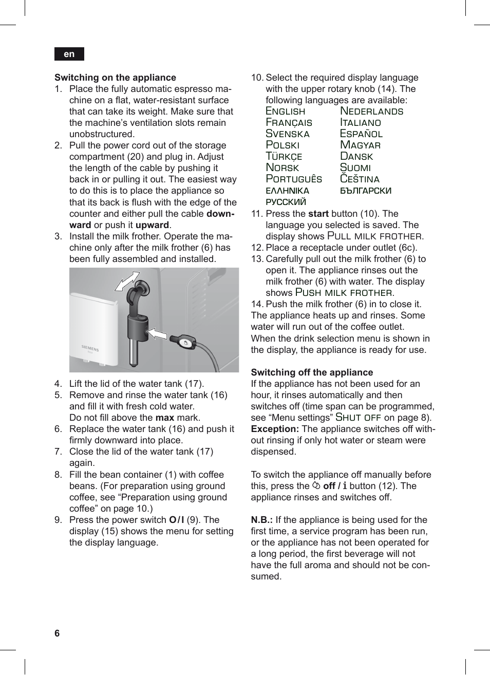 Pull milk frother, Push milk frother, Shut off | Siemens TE503209RW User Manual | Page 10 / 128