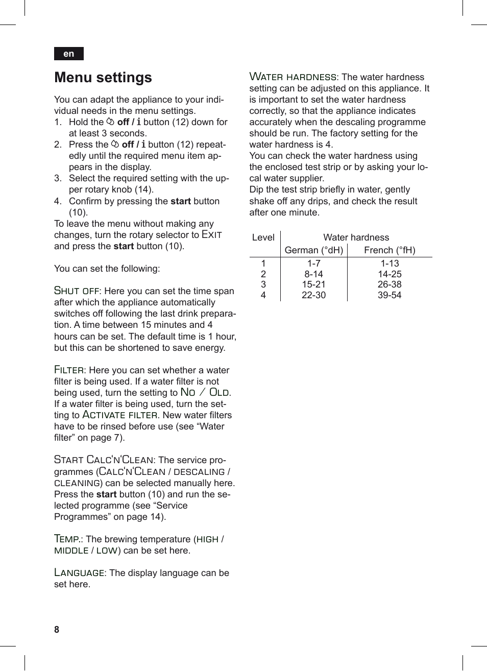 Menu settings, Exit, Shut off | Filter, No / old, Activate filter, Start calc‘n‘clean, Calc‘n‘clean, Descaling, Cleaning | Siemens TE503209RW User Manual | Page 12 / 128