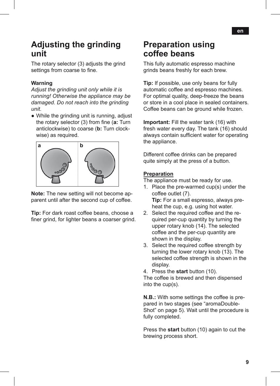 Adjusting the grinding unit, Preparation using coffee beans | Siemens TE503209RW User Manual | Page 13 / 128