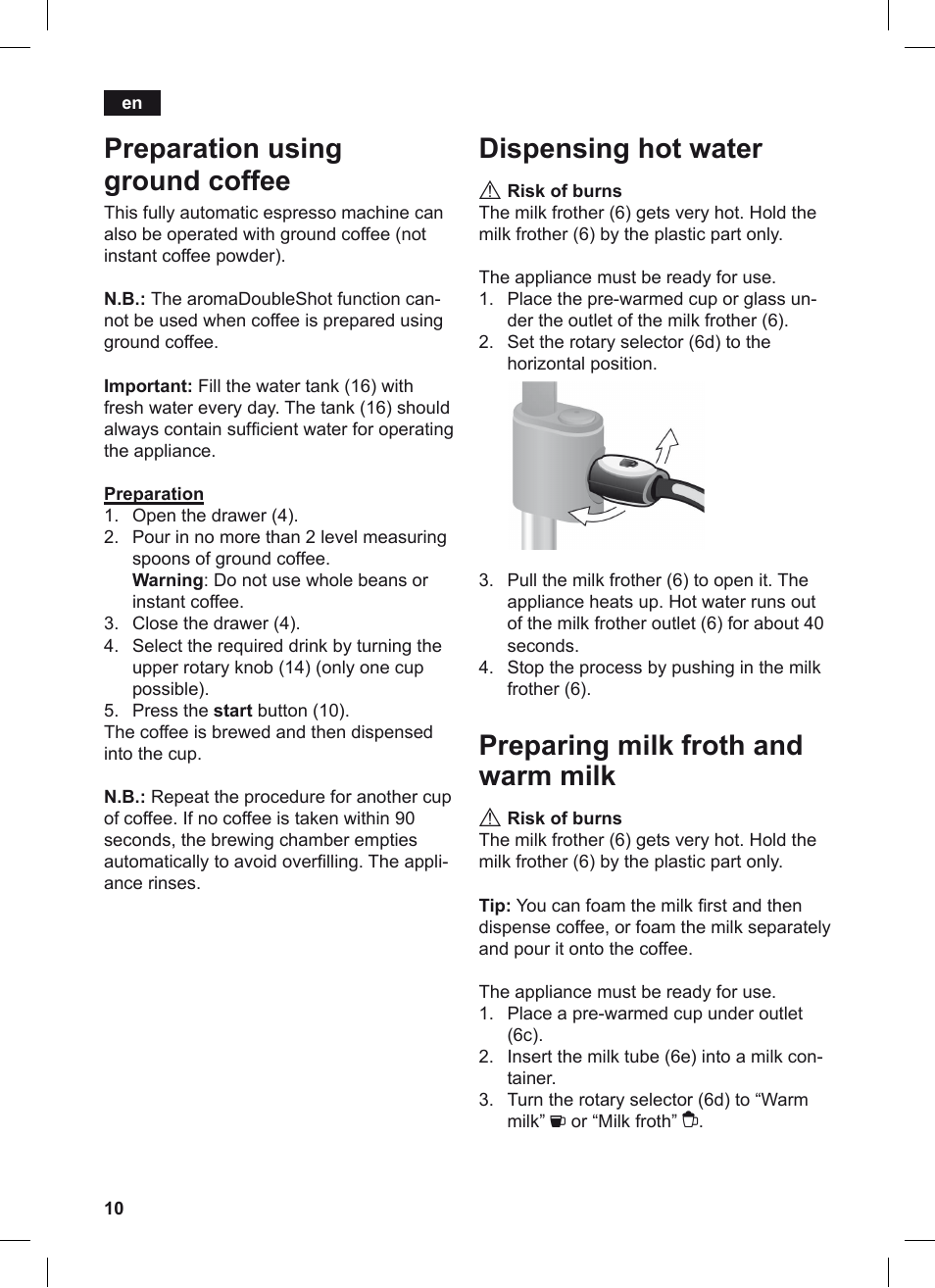 Preparation using ground coffee, Dispensing hot water, Preparing milk froth and warm milk | Siemens TE503209RW User Manual | Page 14 / 128