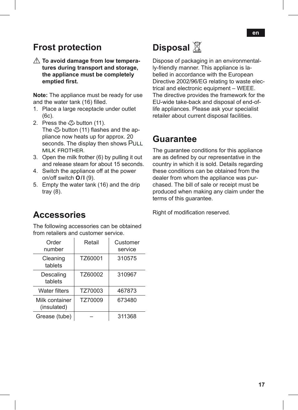 Frost protection, Accessories, Disposal | Guarantee, Pull milk frother | Siemens TE503209RW User Manual | Page 21 / 128