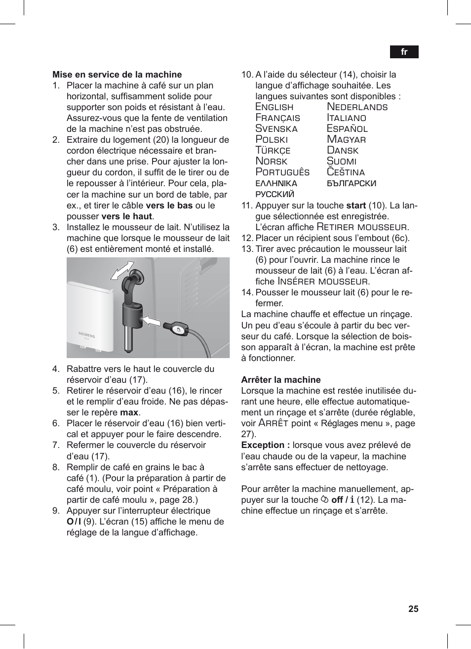 Retirer mousseur, Insérer mousseur, Arrêt | Siemens TE503209RW User Manual | Page 29 / 128