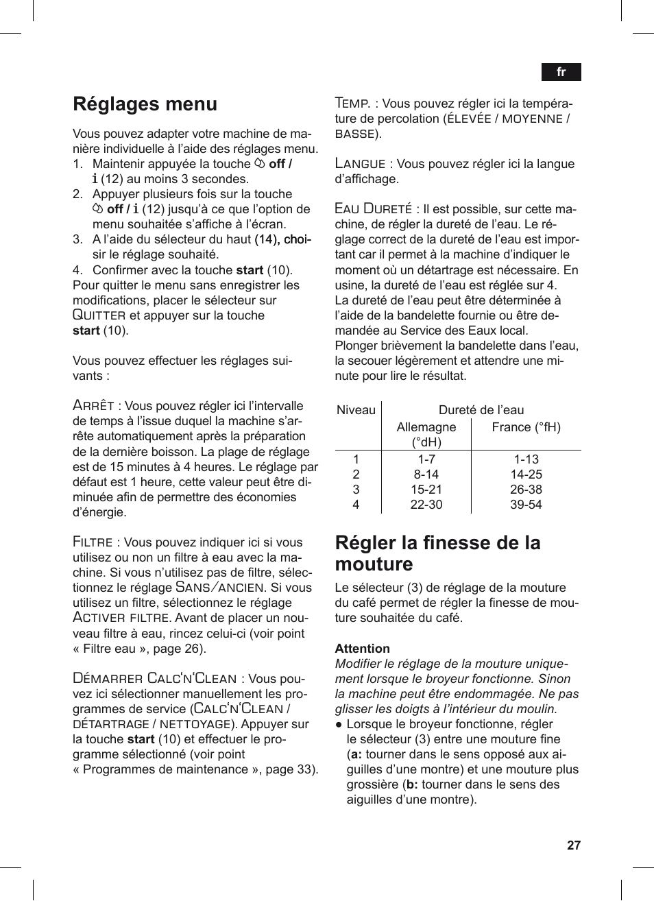 Réglages menu, Régler la inesse de la mouture, Quitter | Arrêt, Filtre, Sans/ancien, Activer filtre, Démarrer calc‘n‘clean, Calc‘n‘clean, Détartrage | Siemens TE503209RW User Manual | Page 31 / 128