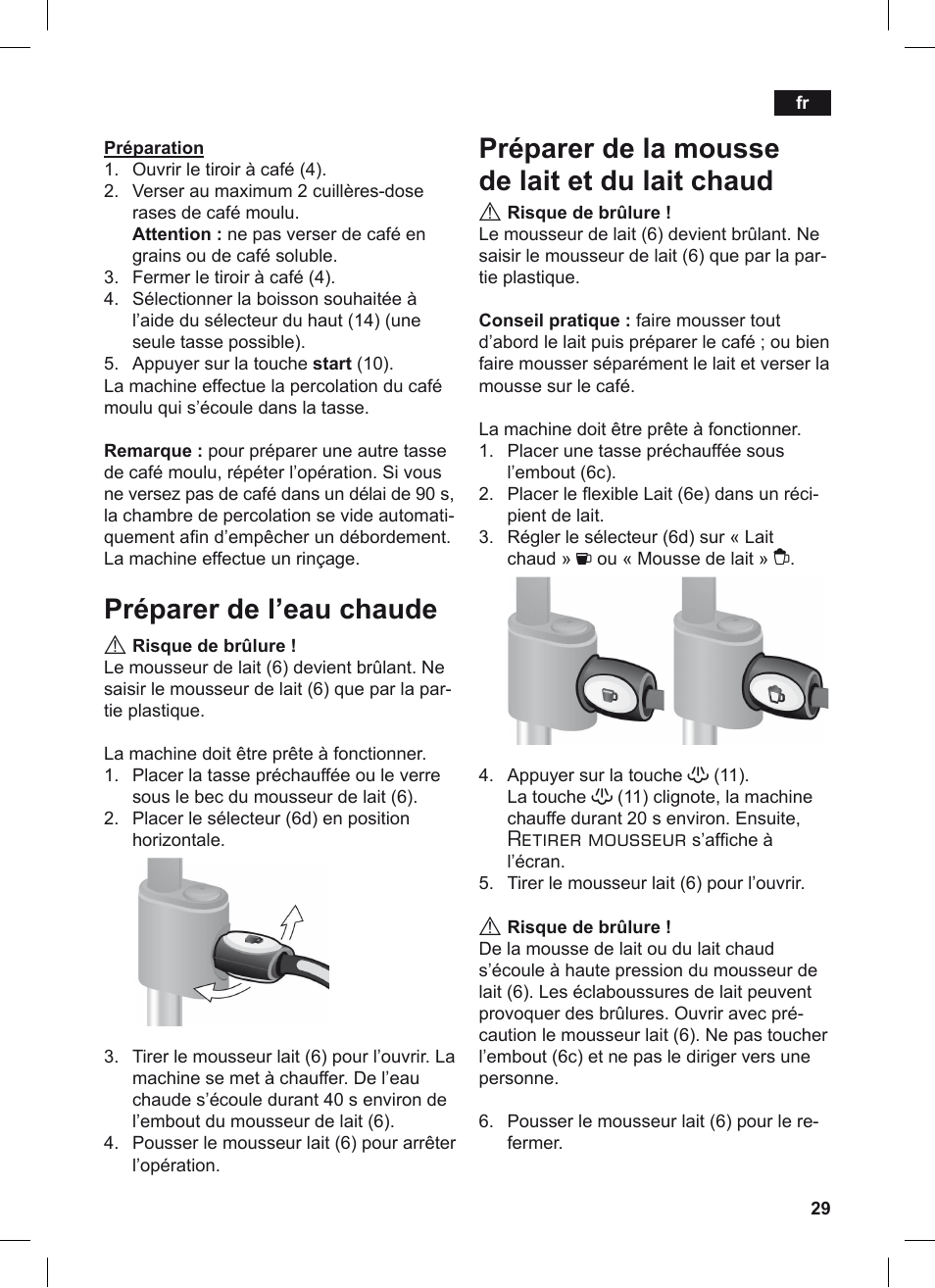 Préparer de l’eau chaude, Préparer de la mousse de lait et du lait chaud, Retirer mousseur | Siemens TE503209RW User Manual | Page 33 / 128