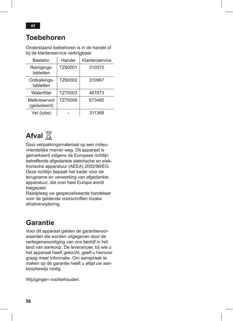 Toebehoren, Afval, Garantie | Siemens TE503209RW User Manual | Page 60 / 128