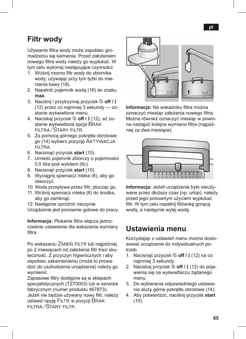 Filtr wody, Ustawienia menu, Brak filtra/stary filtr | Aktywacja filtra, Zmień filtr, Filtr | Siemens TE503209RW User Manual | Page 69 / 128