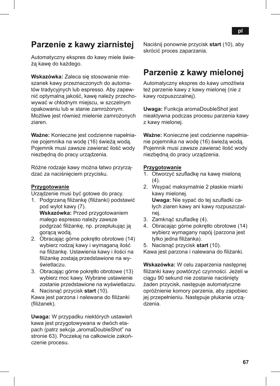 Parzenie z kawy ziarnistej, Parzenie z kawy mielonej | Siemens TE503209RW User Manual | Page 71 / 128