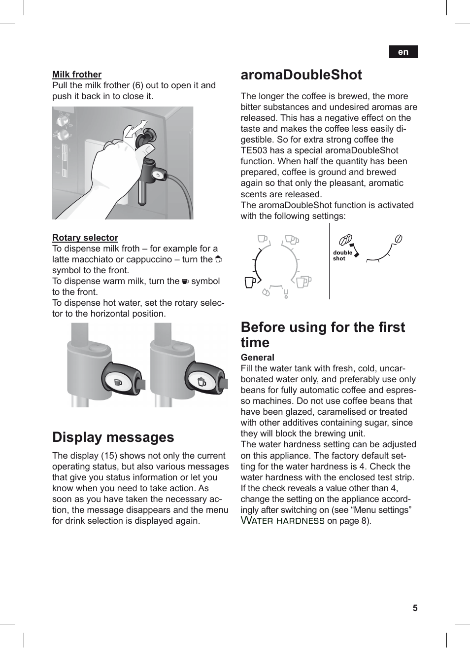 Display messages, Aromadoubleshot, Before using for the i rst time | Water hardness | Siemens TE503209RW User Manual | Page 9 / 128