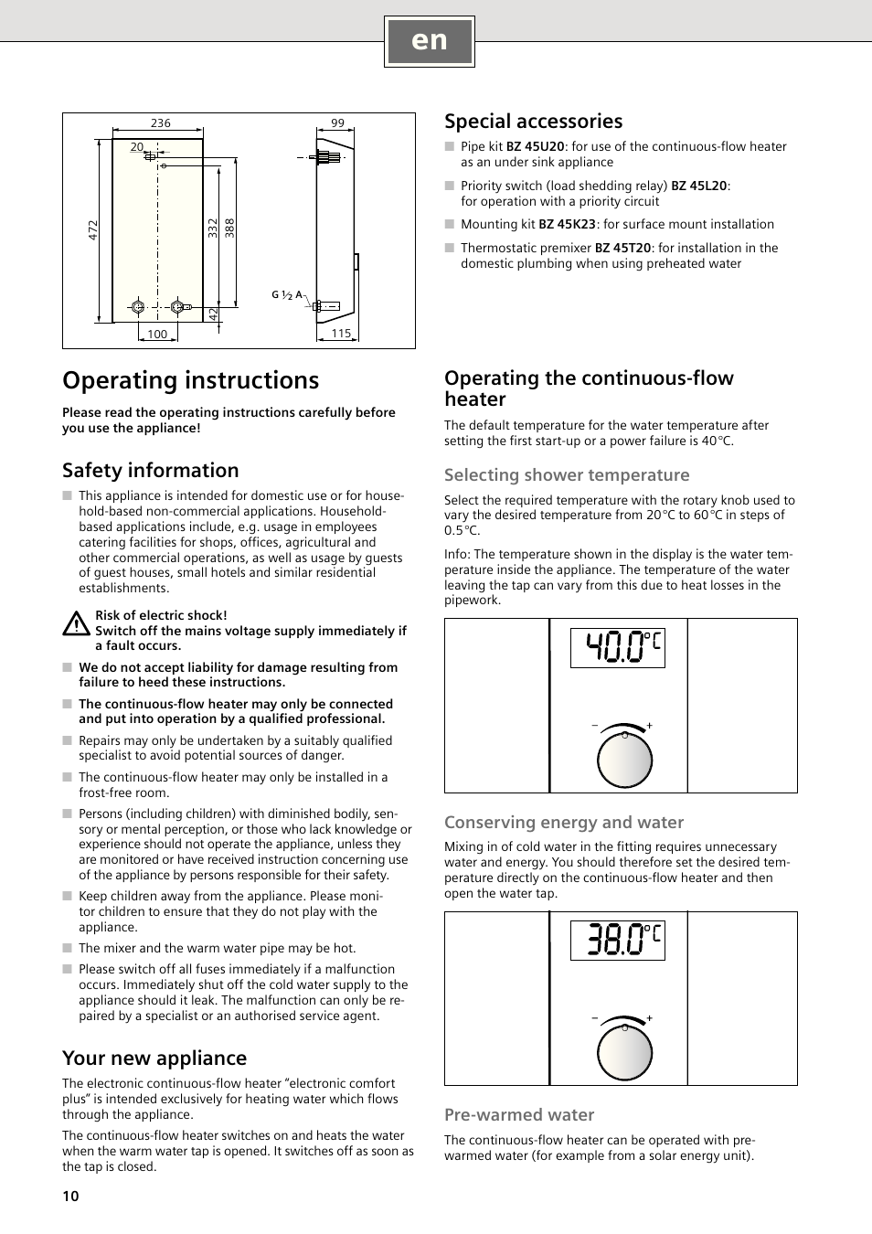 Operating instructions, Safety information, Your new appliance | Operating the continuous-ﬂow heater, Special accessories, Selecting shower temperature, Conserving energy and water, Pre-warmed water | Siemens DE1821515 User Manual | Page 10 / 48