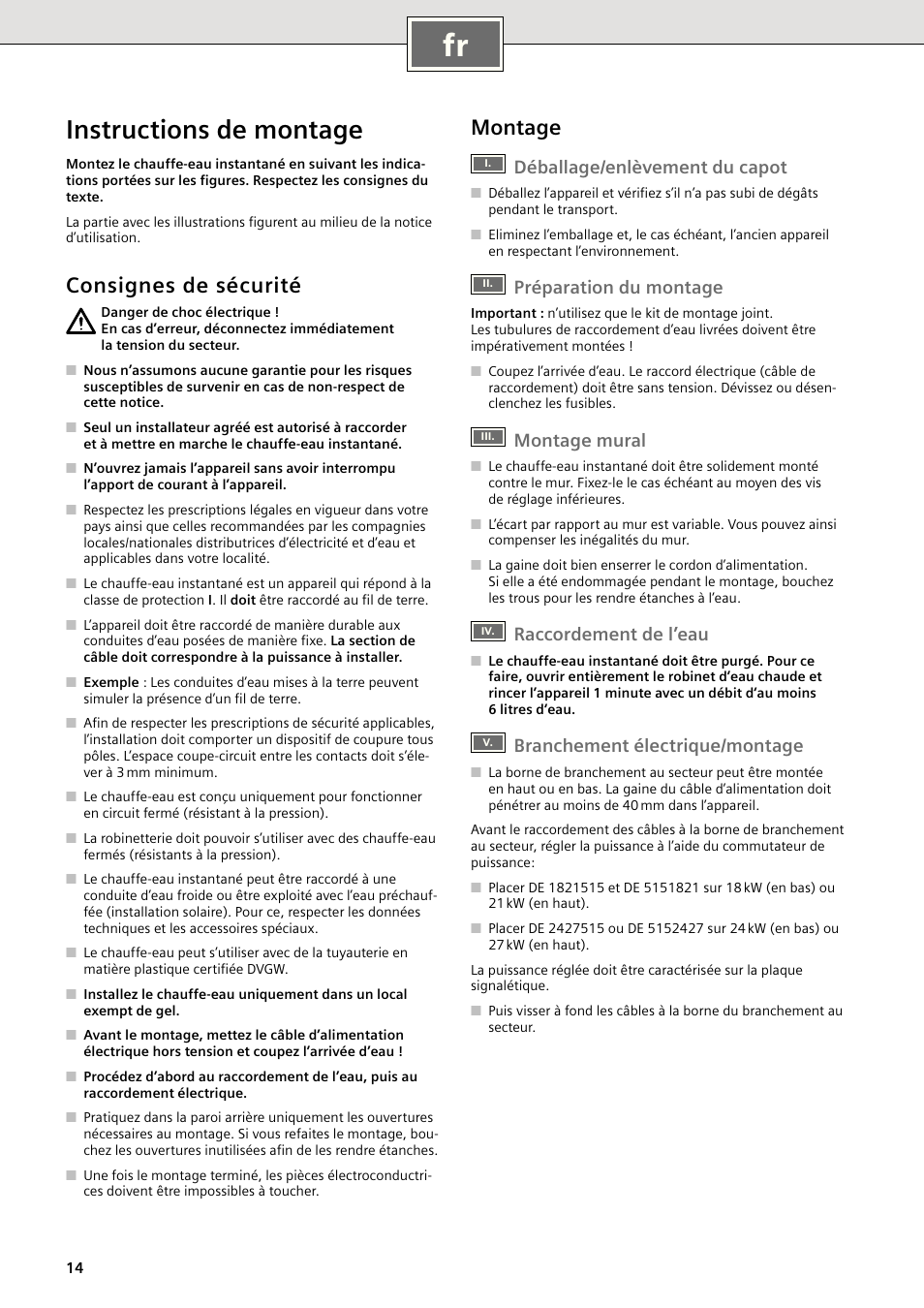 Instructions de montage, Consignes de sécurité, Montage | Déballage/enlèvement du capot, Préparation du montage, Montage mural, Raccordement de l’eau, Branchement électrique/montage | Siemens DE1821515 User Manual | Page 14 / 48