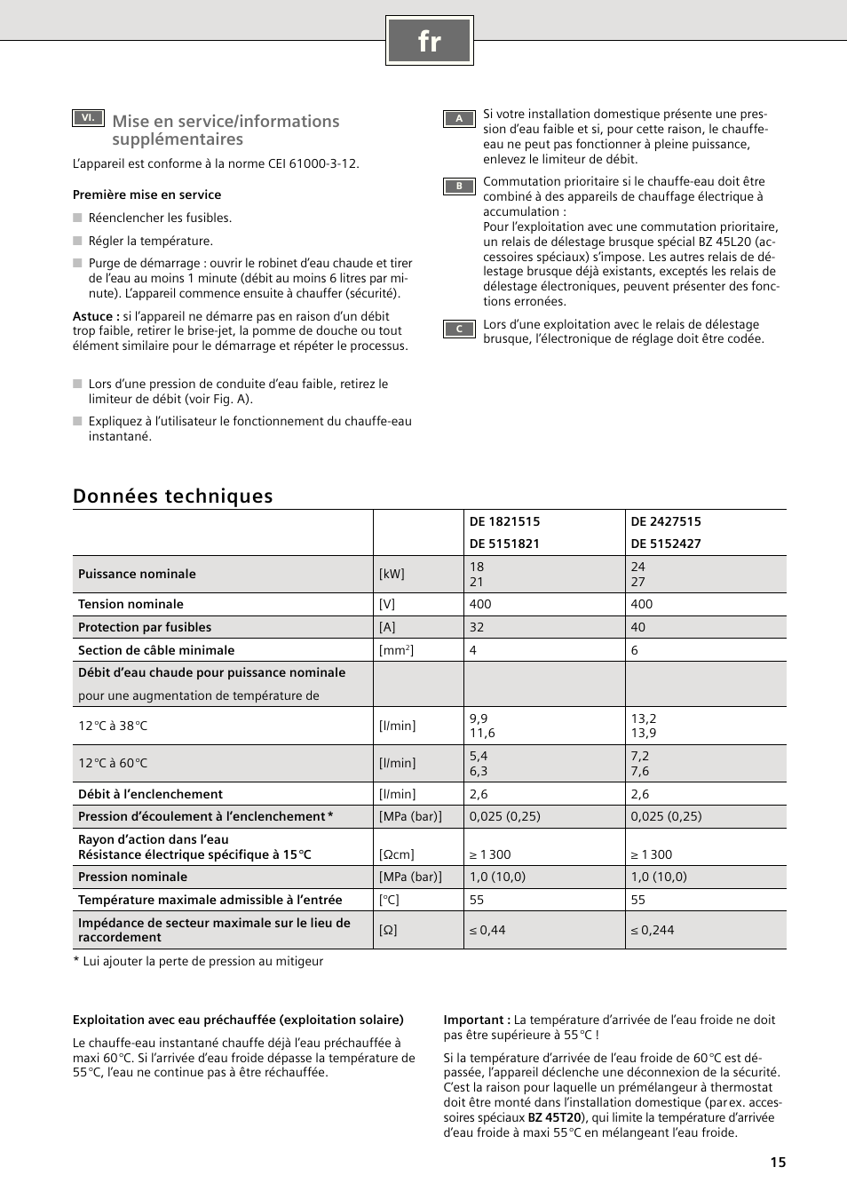 Données techniques, Mise en service/informations supplémentaires | Siemens DE1821515 User Manual | Page 15 / 48