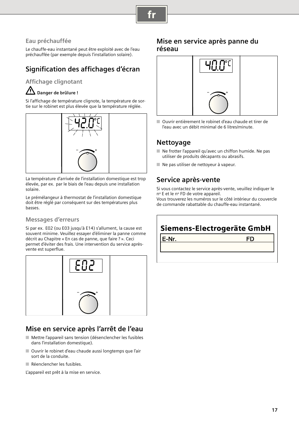 Signiﬁcation des afﬁchages d’écran, Mise en service après l’arrêt de l’eau, Mise en service après panne du réseau | Nettoyage, Service après-vente | Siemens DE1821515 User Manual | Page 17 / 48