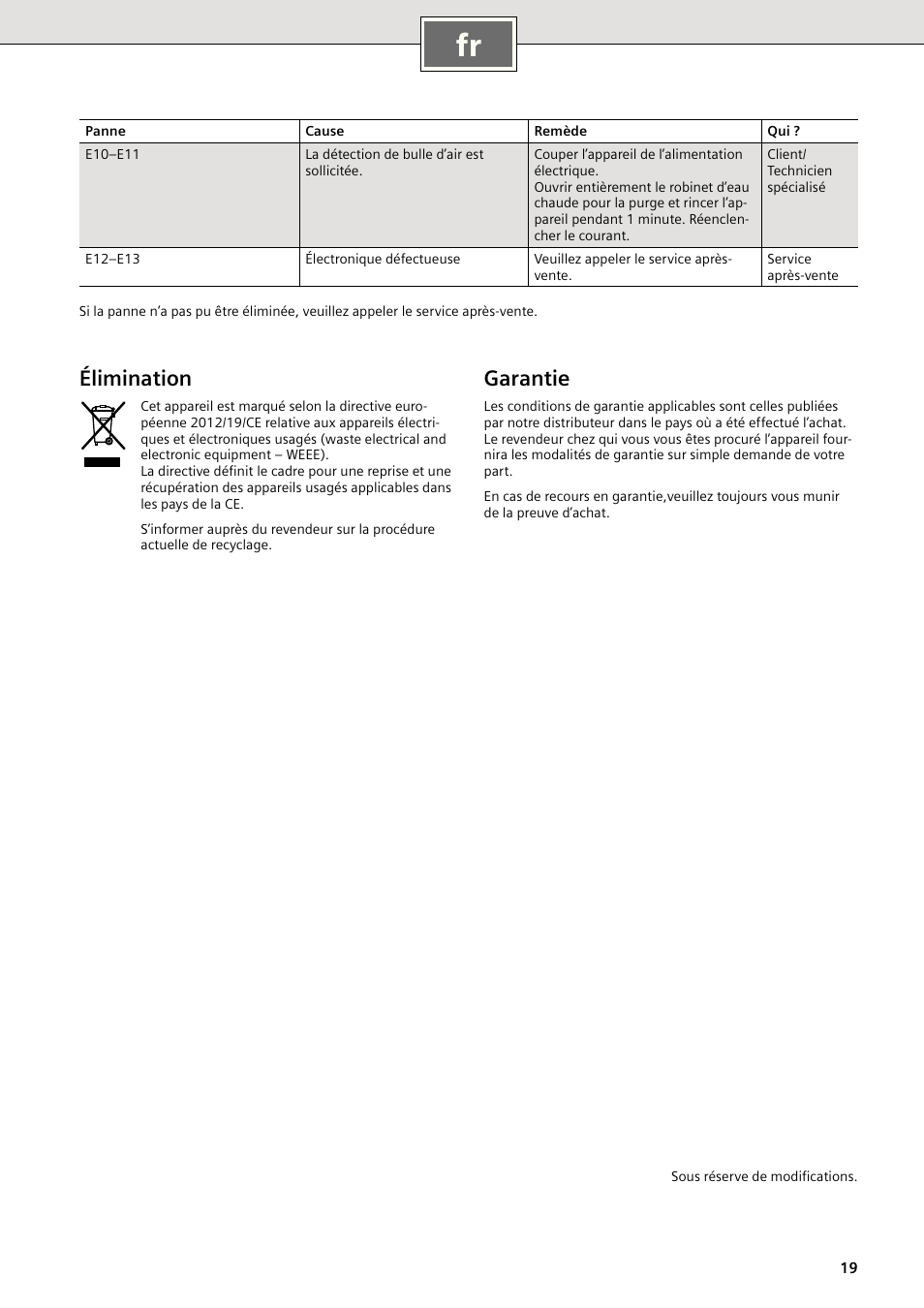 Garantie, Élimination | Siemens DE1821515 User Manual | Page 19 / 48