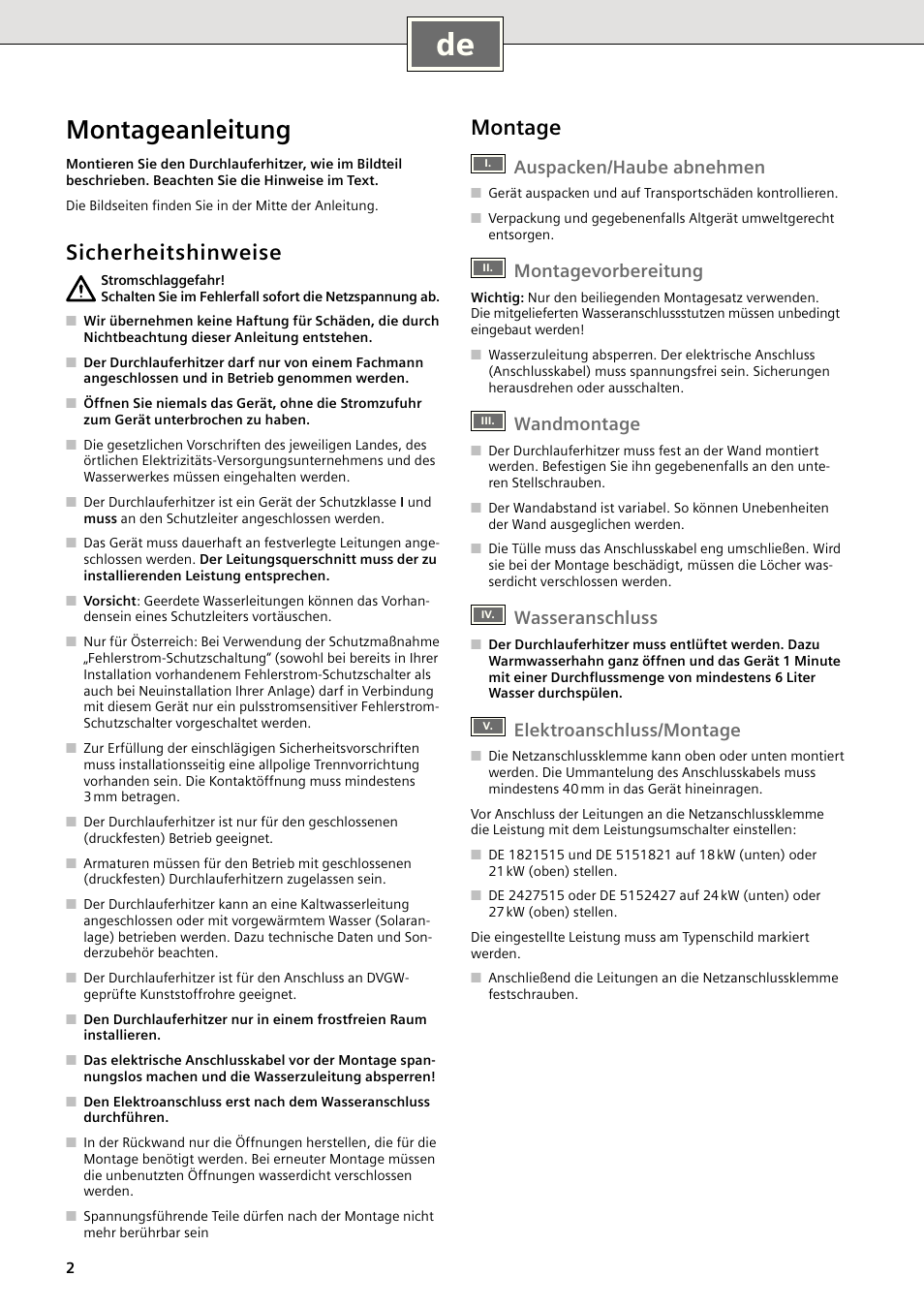 Montageanleitung, Sicherheitshinweise, Montage | Auspacken/haube abnehmen, Montagevorbereitung, Wandmontage, Wasseranschluss, Elektroanschluss/montage | Siemens DE1821515 User Manual | Page 2 / 48