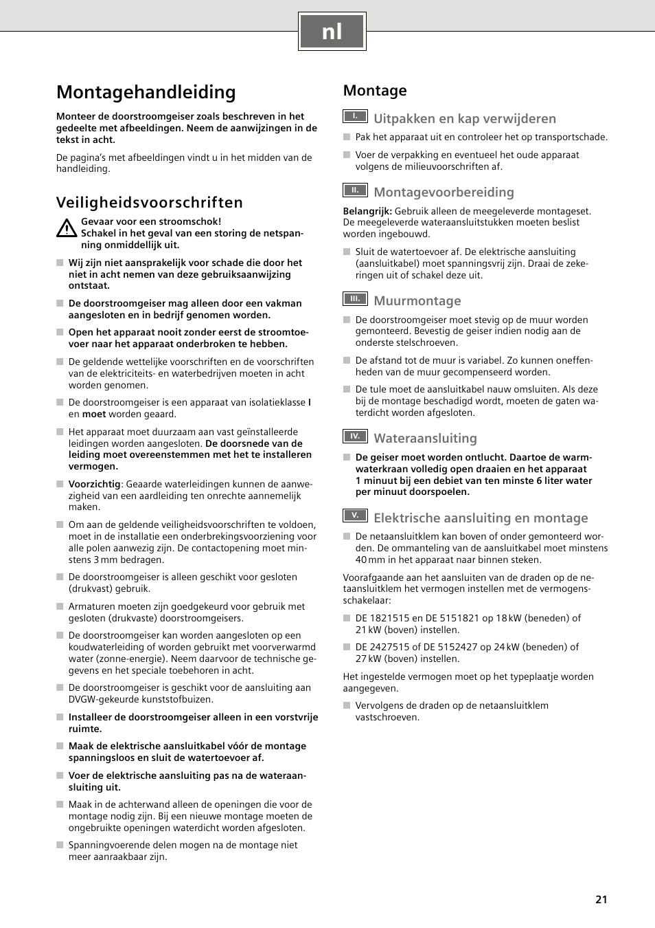 Montagehandleiding, Veiligheidsvoorschriften, Montage | Uitpakken en kap verwijderen, Montagevoorbereiding, Muurmontage, Wateraansluiting, Elektrische aansluiting en montage | Siemens DE1821515 User Manual | Page 29 / 48