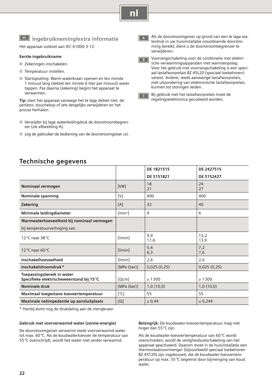 Technische gegevens, Ingebruikneming/extra informatie | Siemens DE1821515 User Manual | Page 30 / 48