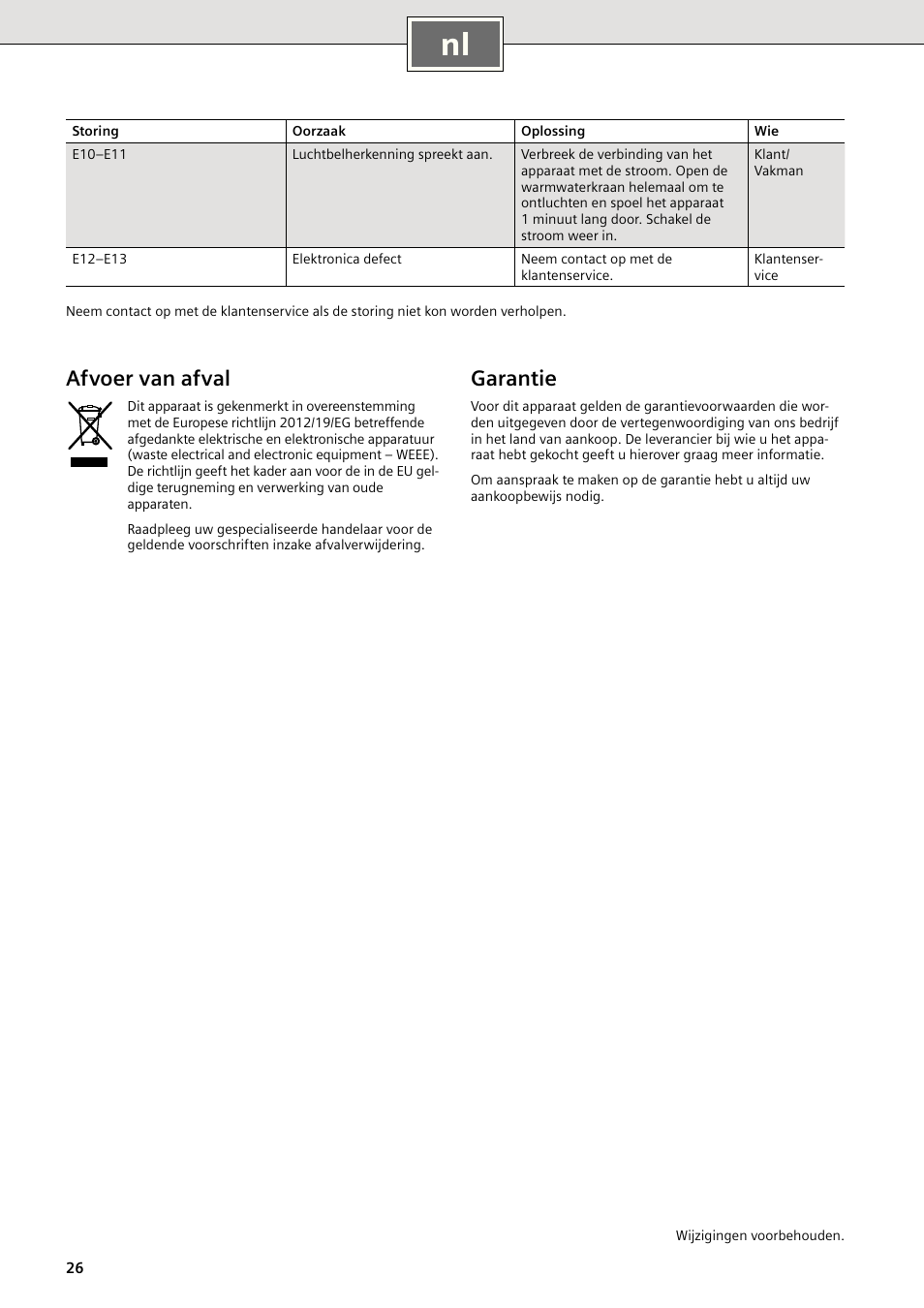 Garantie, Afvoer van afval | Siemens DE1821515 User Manual | Page 34 / 48