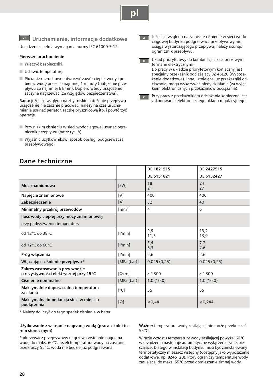 Dane techniczne, Uruchamianie, informacje dodatkowe | Siemens DE1821515 User Manual | Page 36 / 48