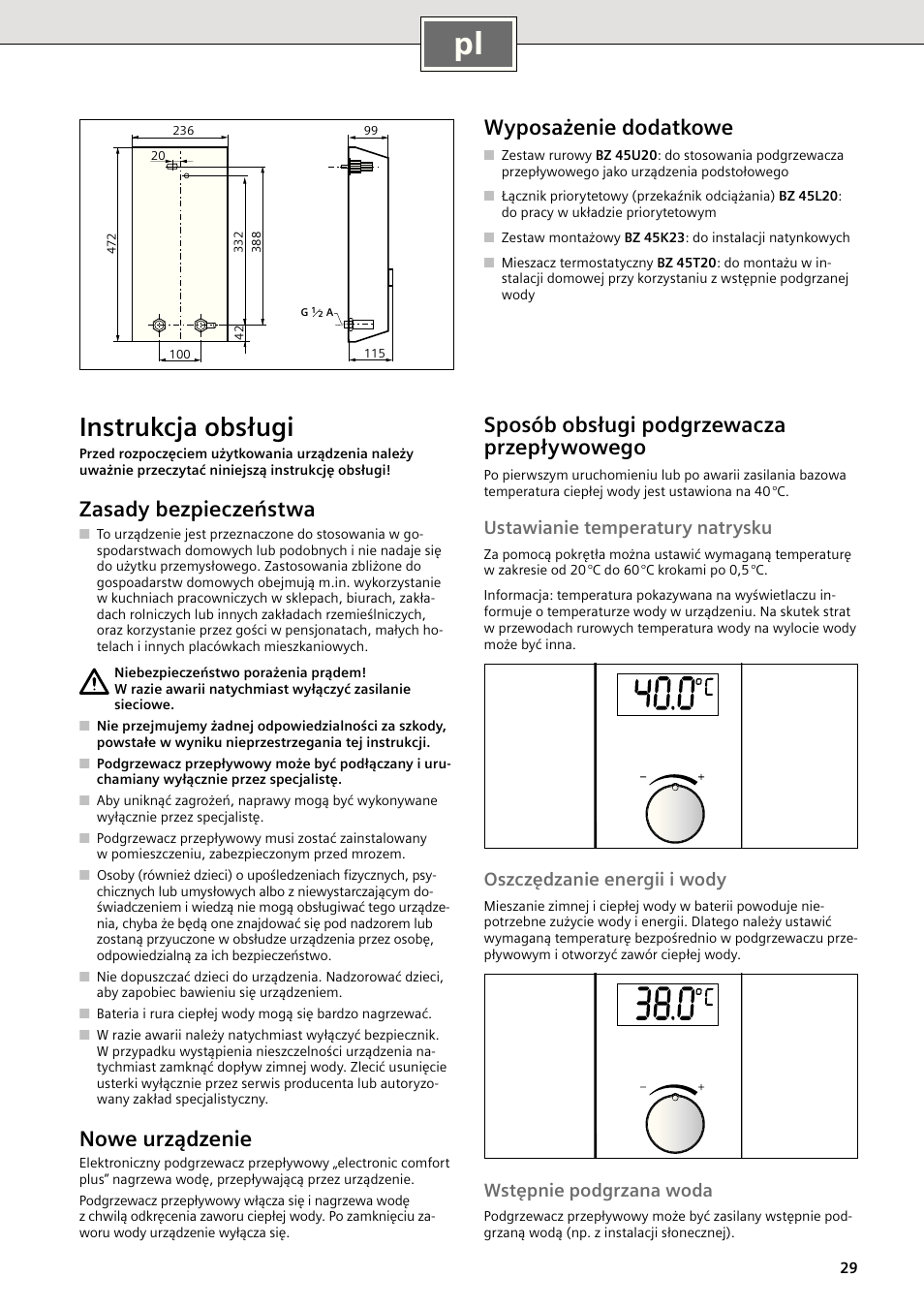 Instrukcja obsługi, Zasady bezpieczeństwa, Nowe urządzenie | Sposób obsługi podgrzewacza przepływowego, Wyposażenie dodatkowe, Ustawianie temperatury natrysku, Oszczędzanie energii i wody, Wstępnie podgrzana woda | Siemens DE1821515 User Manual | Page 37 / 48
