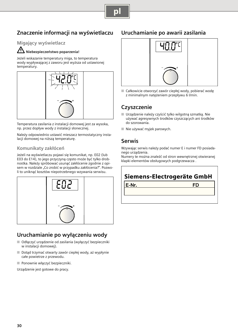 Znaczenie informacji na wyświe tla czu, Uruchamianie po wyłączeniu wody, Uruchamianie po awarii zasilania | Czyszczenie, Serwis | Siemens DE1821515 User Manual | Page 38 / 48