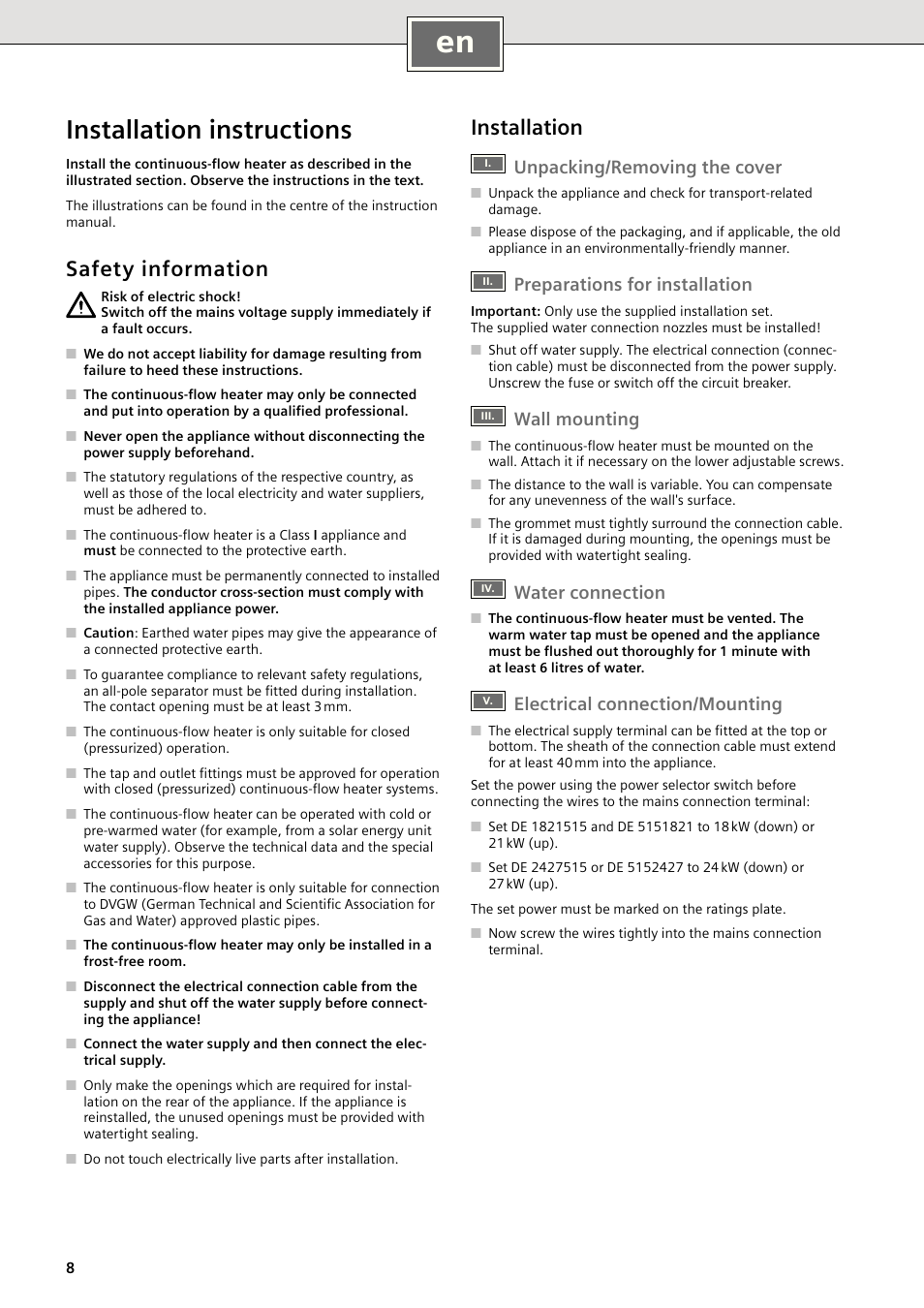 Installation instructions, Safety information, Installation | Unpacking/removing the cover, Preparations for installation, Wall mounting, Water connection, Electrical connection/mounting | Siemens DE1821515 User Manual | Page 8 / 48
