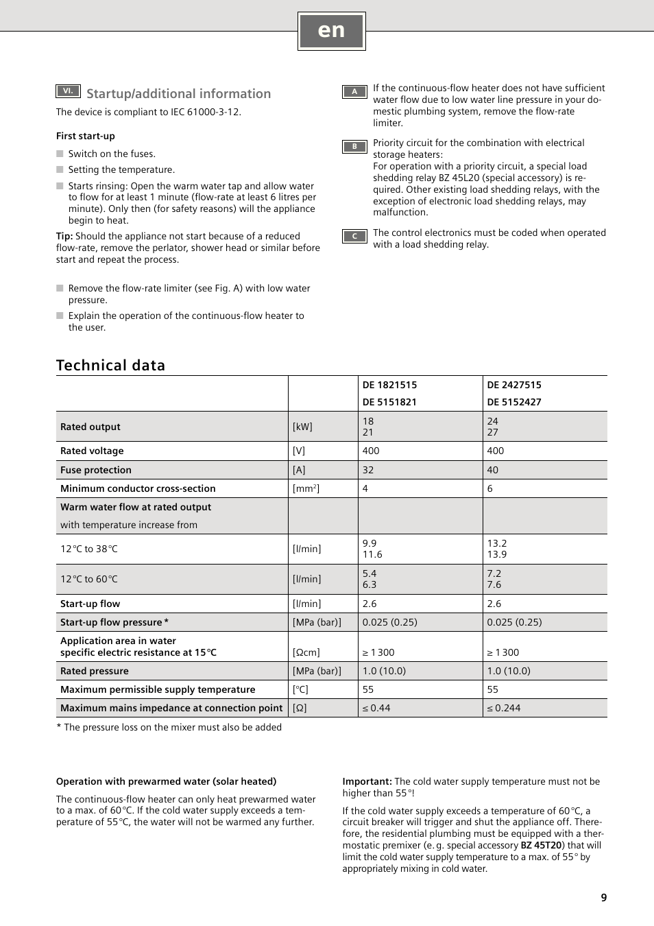 Technical data, Startup/additional information | Siemens DE1821515 User Manual | Page 9 / 48