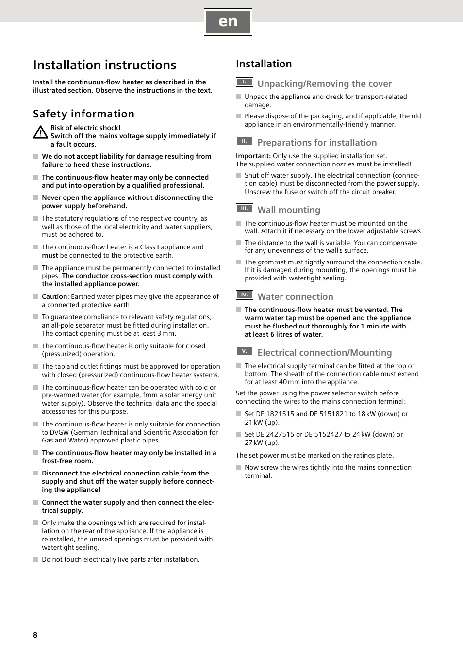 Installation instructions, Safety information, Installation | Unpacking/removing the cover, Preparations for installation, Wall mounting, Water connection, Electrical connection/mounting | Siemens DE2427515 User Manual | Page 14 / 46