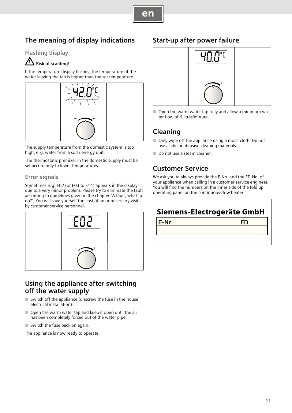 The meaning of display indications, Start-up after power failure, Cleaning | Customer service | Siemens DE2427515 User Manual | Page 17 / 46