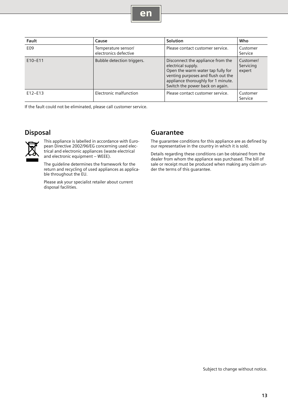 Guarantee, Disposal | Siemens DE2427515 User Manual | Page 19 / 46