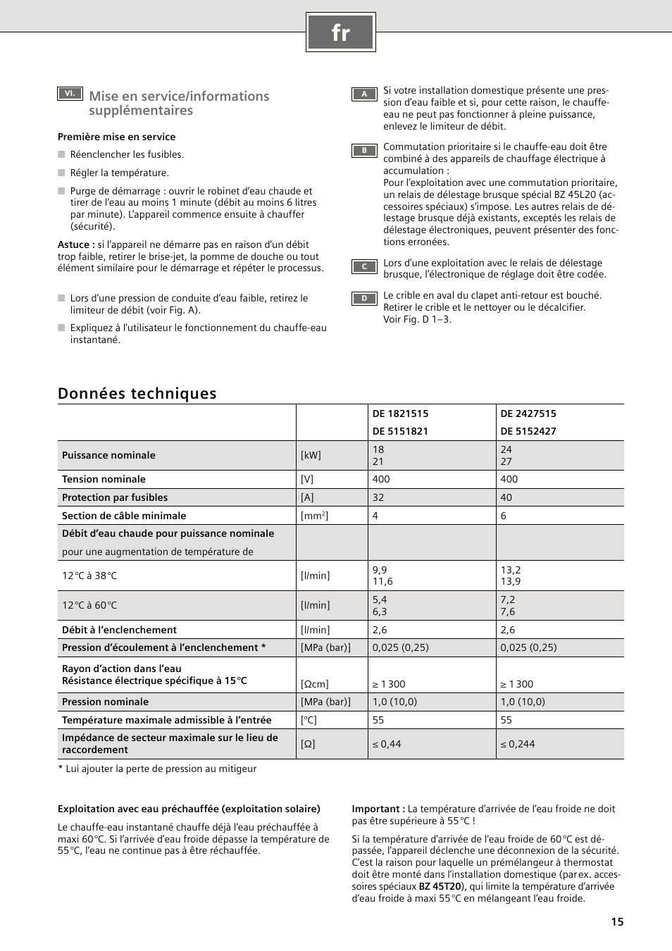 Données techniques, Mise en service/informations supplémentaires | Siemens DE2427515 User Manual | Page 21 / 46