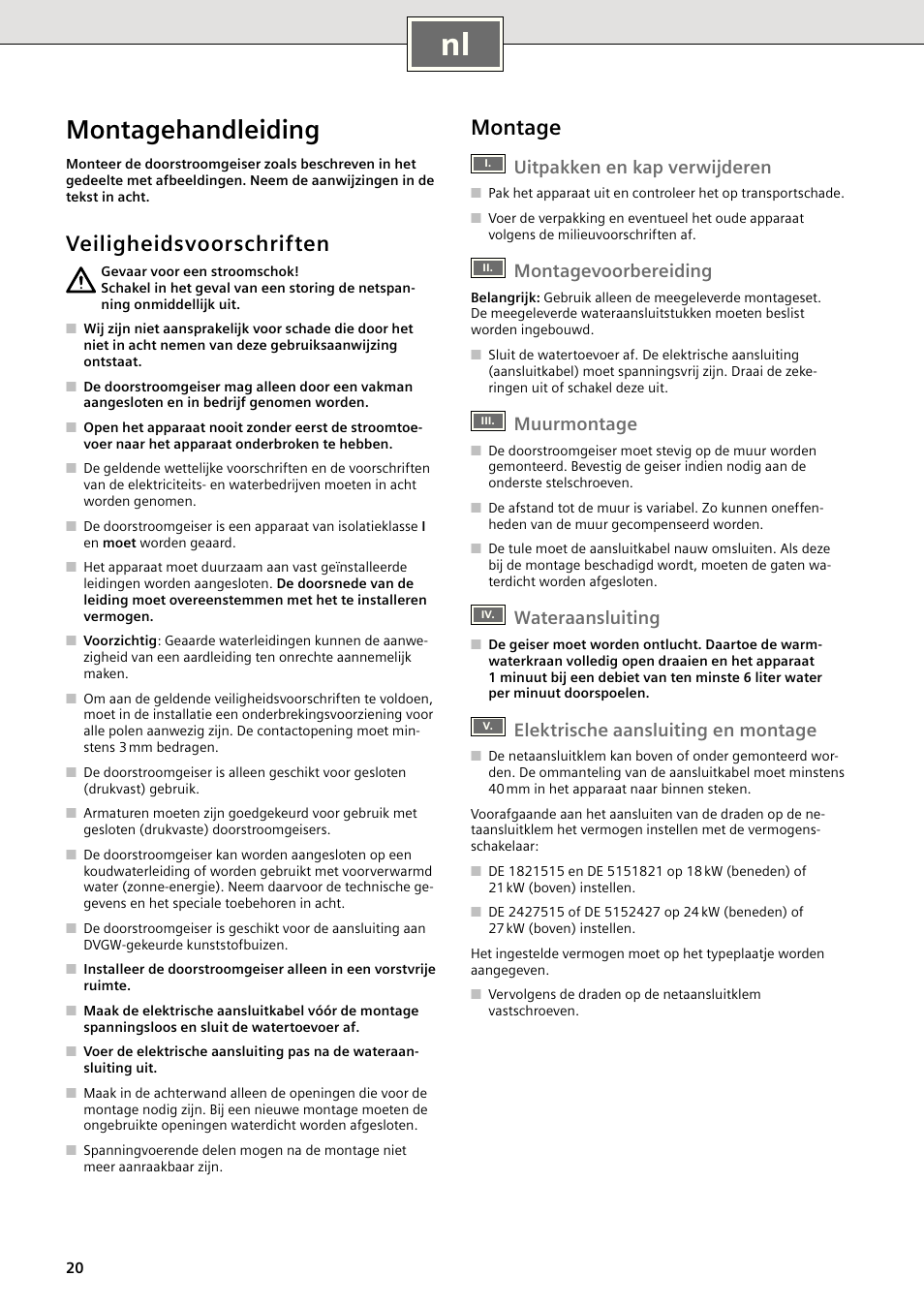 Montagehandleiding, Veiligheidsvoorschriften, Montage | Uitpakken en kap verwijderen, Montagevoorbereiding, Muurmontage, Wateraansluiting, Elektrische aansluiting en montage | Siemens DE2427515 User Manual | Page 26 / 46