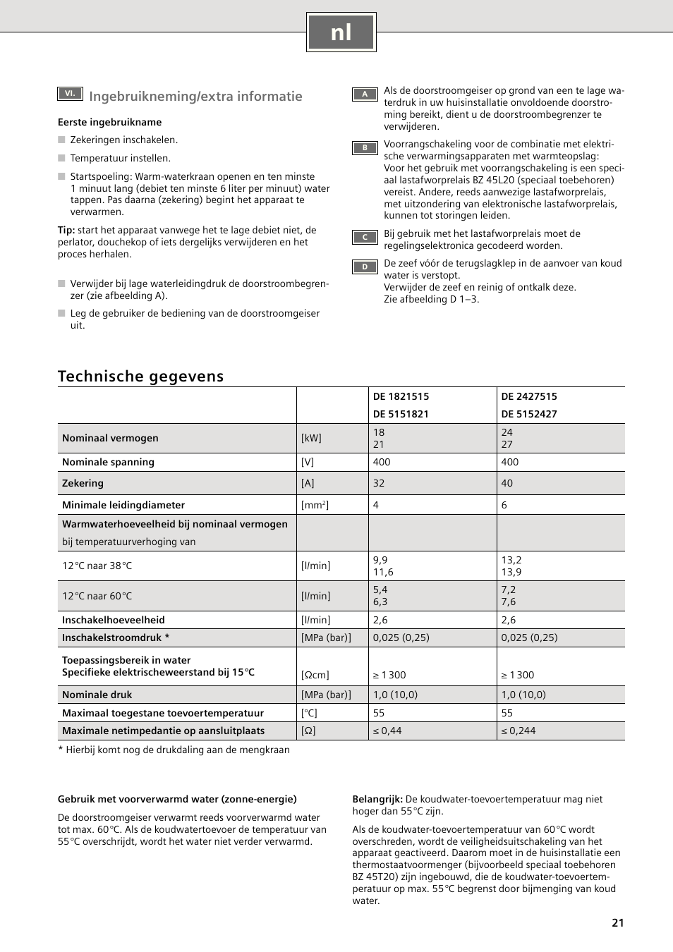 Technische gegevens, Ingebruikneming/extra informatie | Siemens DE2427515 User Manual | Page 27 / 46