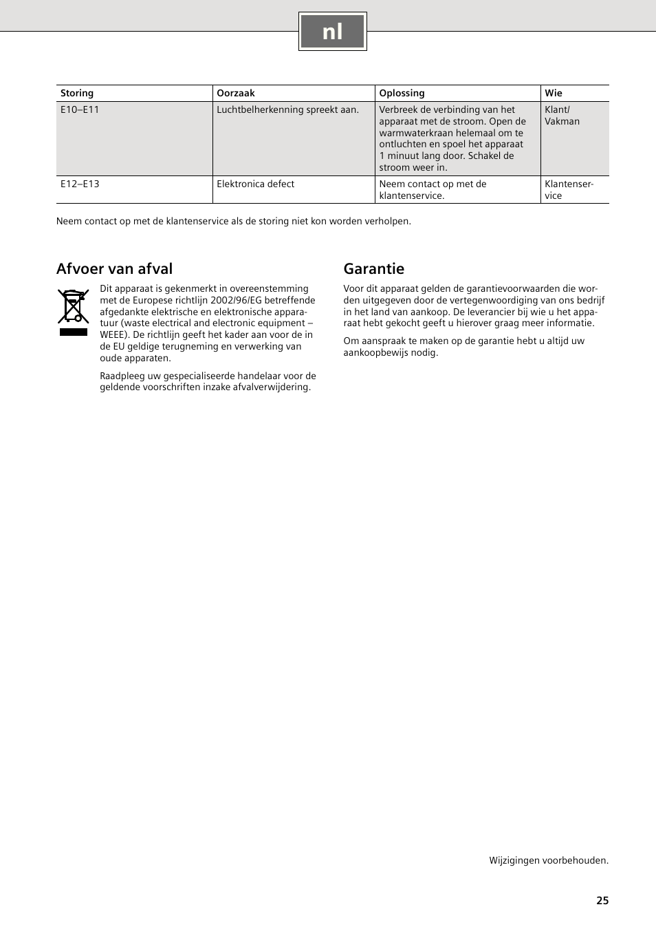 Garantie, Afvoer van afval | Siemens DE2427515 User Manual | Page 31 / 46