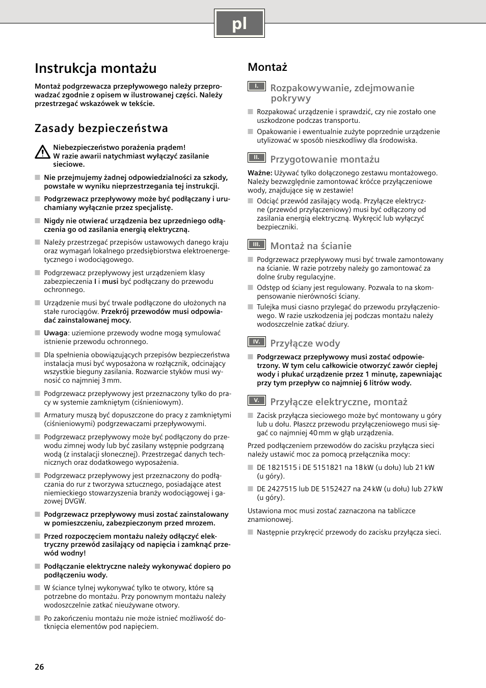 Instrukcja montażu, Zasady bezpieczeństwa, Montaż | Rozpakowywanie, zdejmowanie pokrywy, Przygotowanie montażu, Montaż na ścianie, Przyłącze wody, Przyłącze elektryczne, montaż | Siemens DE2427515 User Manual | Page 32 / 46