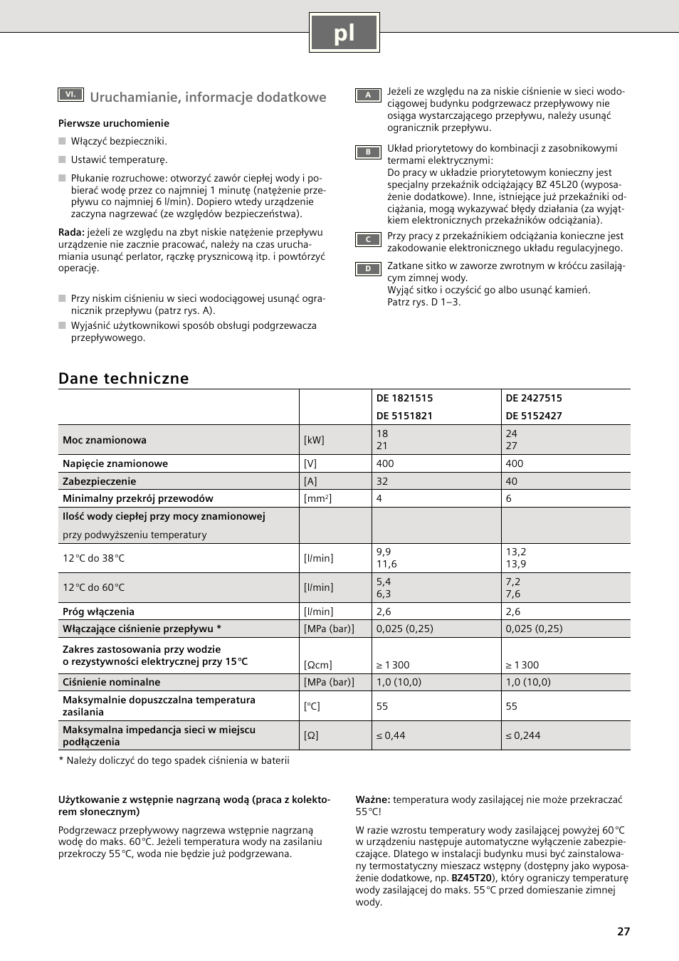 Dane techniczne, Uruchamianie, informacje dodatkowe | Siemens DE2427515 User Manual | Page 33 / 46
