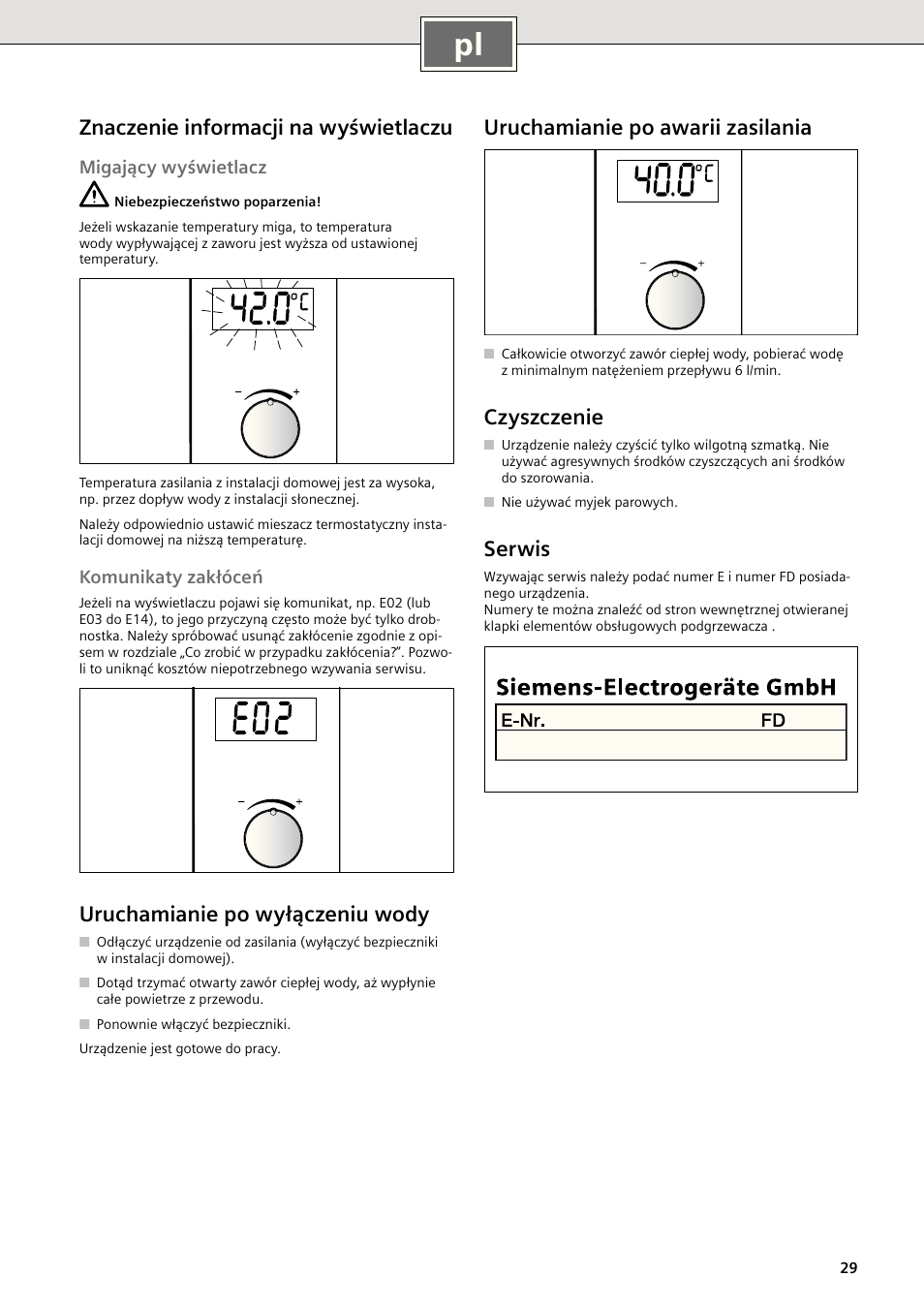 Znaczenie informacji na wyświe tla czu, Uruchamianie po wyłączeniu wody, Uruchamianie po awarii zasilania | Czyszczenie, Serwis | Siemens DE2427515 User Manual | Page 35 / 46